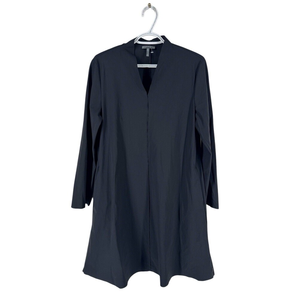 Oska Black Minimalist A-line Dress Raw Edge V-Neck Seamed Pockets Size 1